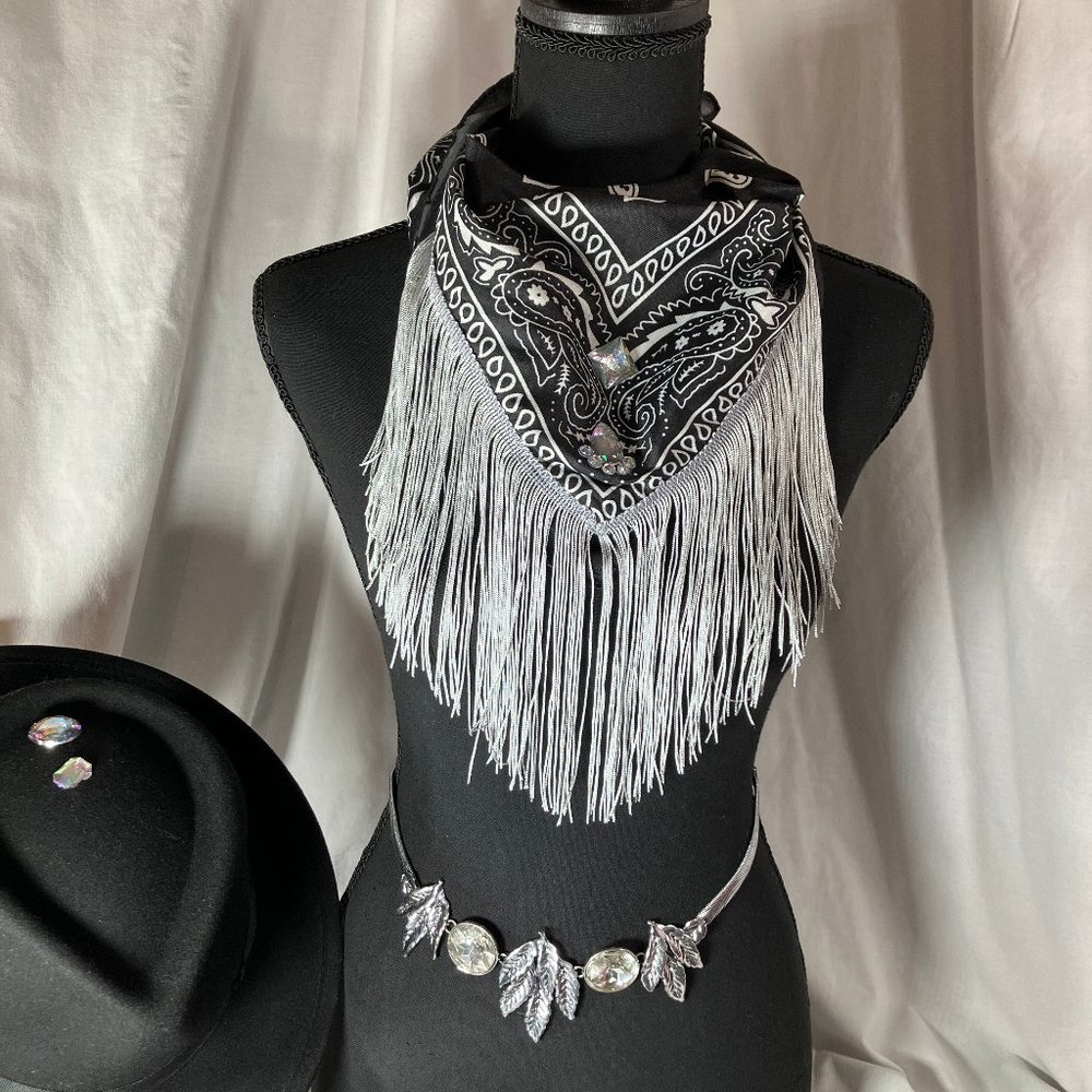 Fringed Blinged out Black Bandana with - Picture 4 of 16